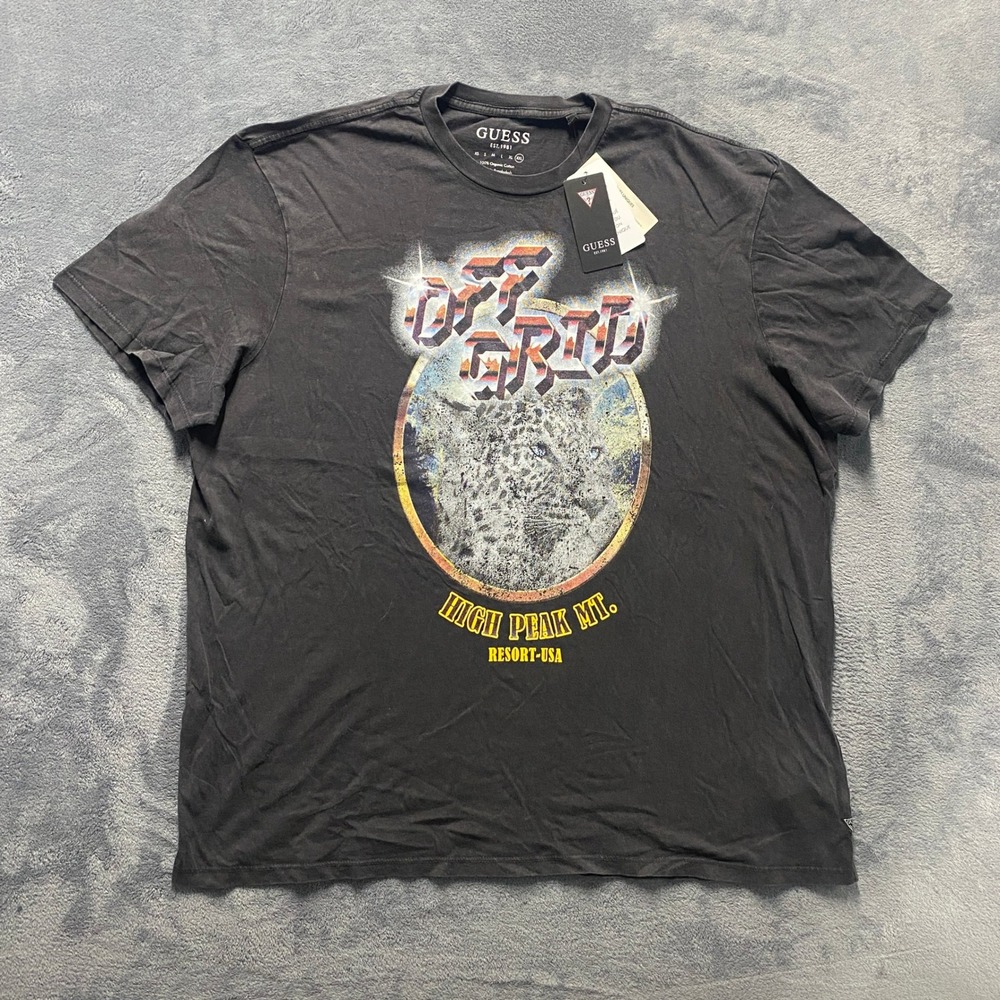 Guess T-Shirt Mens XXL Black NWT Off Grid Leopard Graphic Organic Cotton Tee